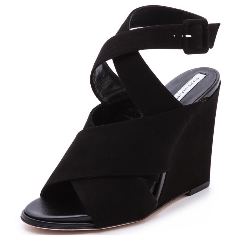Diane Von Furstenberg Black Suede Strap Wedge Women’s Size 6.5
